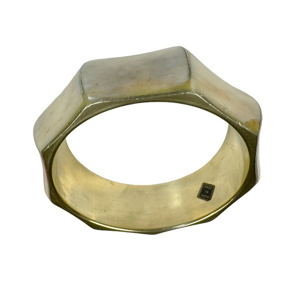 Two Vintage Brass Bone Inlaid Bangles - Picture 7 of 11
